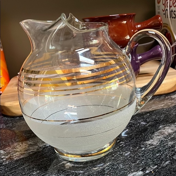 MCM Elegant Vintage Glass Pitcher with Gold Stripes 8" Tall - Picture 1 of 8